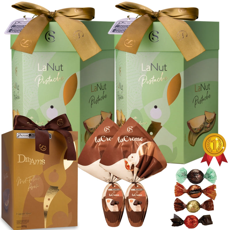 Kit 2 LaNut Pistache + Ovo de Páscoa Dreams Mil Folhas + 2 Ovos de Páscoa LaCreme + 20 Trufas Sortidas