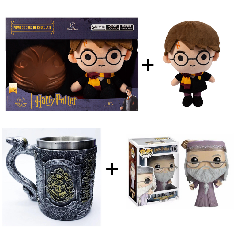 Ovo de páscoa harry potter pelúcia harry 250g + Funko Pop Albus Dumbledore + Caneca 3D Hogwarts: Harry Potter (400ml)